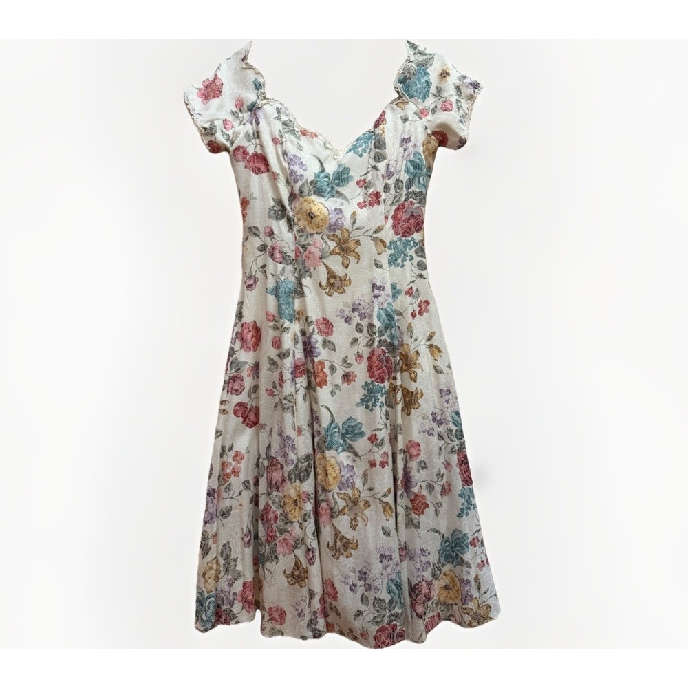 Karen Lucas For NIKI VTG 80's Dress 10 Cream Floral Cottagecore Garden Party